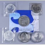 Six Elizabeth II Silver Britannia Two Pound Coins - 1998, 1999, 2003, 2007, 2010, and 2018, all