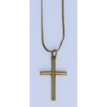 An 18ct Gold Cross on Chain, Modern, cross 25mm x 15mm, suspended from a flat curb chain, 400mm,