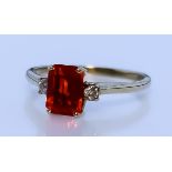 A Solitaire Fire Opal Ring, Modern, in 9ct gold mount, set with centre emerald cut fire opal,