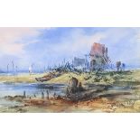 George James Knox (1810-1897) - Watercolour - Beach scene with driftwood, figures and derelict