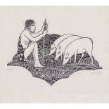 Eric Gill (1882-1940) - Four woodcuts on India paper - "Swineherd", signed in pencil, 3.5ins x 4ins,