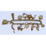 A 9ct Gold Charm Bracelet, Modern, hung with twelve charms, with padlock clasp, total gross weight