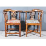 Two 18th Century Elm Corner Chairs, with low horseshoe pattern backs, each with twin fretted vase