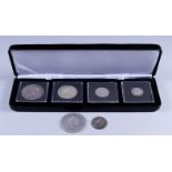 A Cased Set of Four George III Silver Coins, comprising - 1818 Crown, fair, 1817 Half Crown, VF,