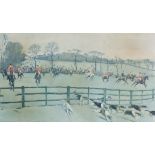 Cecil Aldin (1870-1935) - Coloured lithograph - Hunting scene with hounds in full chase, signed in