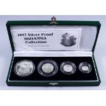 An Elizabeth II 1997 Silver Proof Four Coin Britannia Collection, in green cloth covered case of