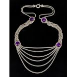 A Continental Silver and Amethyst Paste Set Necklace, and mixed silverware, the necklace with rope