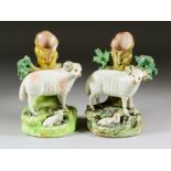 Two Similar Pearlware Pottery Spill Vases, Circa 1810, each modelled as a ram and lamb, 6ins high