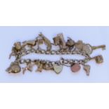 A 9ct Gold Charm Bracelet, Modern, with eighteen suspended charms and padlock clasp, gross weight