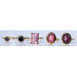 Five 9ct Gold Gem Set Rings, two set with blue and white stones, three set with amethyst coloured