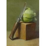 ***Werner Van Hoylandt (born 1951) - Oil painting - Still life with partly peeled apple and knife,