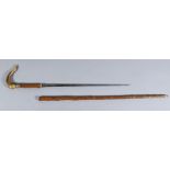 A 19th Century Continental Sword Stick, briar wood scabbard, 19ins bright steel cruciform blade,