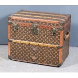 A Good 1920's Louis Vuitton Patterned Cloth, Leather and Brass Bound Small Cabin Trunk, Serial No.