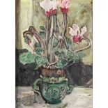 ***Carole Raymond (born 1961) - Oil painting - Still life with cyclamen in majolica jardiniere,