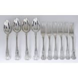 Six George III Silver Queens Pattern Table Forks, a Matching Table Spoon, and Three George IV