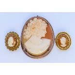 A Cameo Brooch, 20th Century, in 9ct gold mount, 50mm x 35mm, and a pair of gilt metal cameo