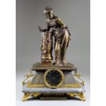 A Late 19th Century French Gilt and Green Patinated Bronze Mounted and Grey Marble Mantel Clock,