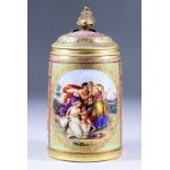 A Continental Porcelain Lidded Tankard, 19th Century, enamelled in colours with a classical illusion