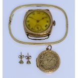 A Mixed Lot of 9ct Gold, 20th Century, comprising - a stiff bangle, a locket, a wristwatch, a pair
