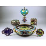 A Small Collection of Chinese Enamel Wares, including - circular box and cover decorated with five
