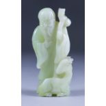 A Chinese Celadon Jade Figure of Shoulao and a Deer, 20th Century, 7.25ins (18.4cm) high