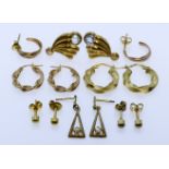 Seven Pairs of 18ct Gold Earrings, Modern, comprising - two pairs set with gemstones, and five plain