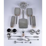 A George V Silver Backed Five-Piece Dressing Table Set, and mixed silverware, the dressing table set