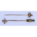 Two Gem Set Stick Pins, 20th Century, one depicting a Masonic symbol set with seed pearls, the other