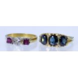 A Three Stone Diamond and Ruby Ring, 20th Century, and a Three Stone Blue Spinel Ring, the diamond