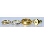Four 18ct Gold Lady's Rings, 20th Century, comprising - two gem set, sizes N and O, one set with