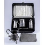 An Elizabeth II Silver Capstan Pattern Three-Piece Condiment Set, and Mixed Silverware, the