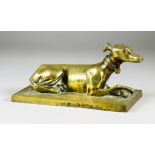 Late 19th Century French School - Bronze figure of a recumbent greyhound, polished, on rectangular