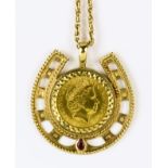 An Elizabeth II 2001 Sovereign, in 9ct gold horseshoe mount and with rope link chain, 620mm overall,