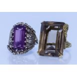 Two Gem Set Dress Rings, Modern, one in 9ct gold mount, set with a large smoky quartz stone, 25mm