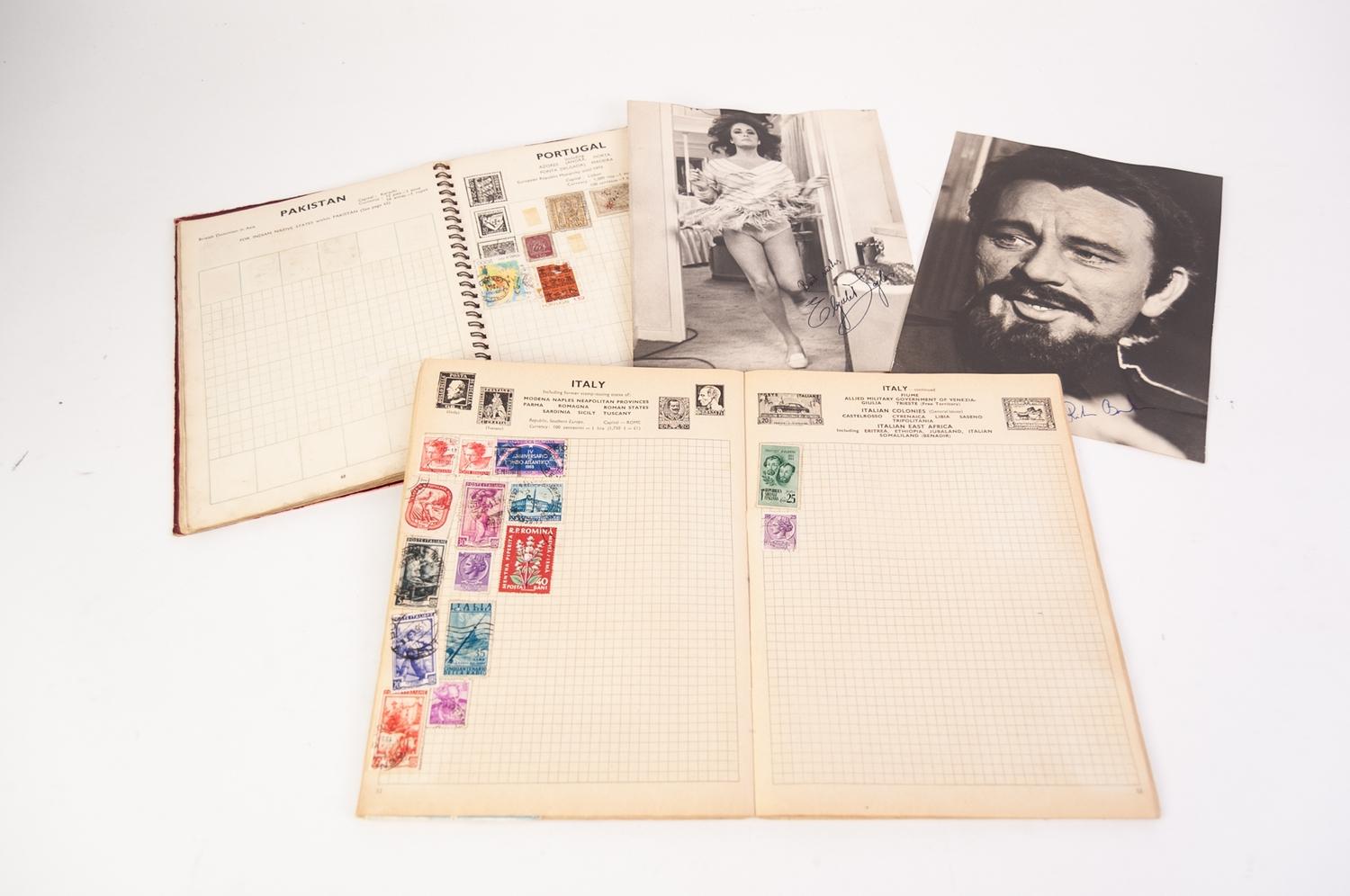 TWO JUNIOR STAMP ALBUMS PLUS PHOTOGRAPHS OF ELIZABETH TAYLOR AND RICHARD BURTON with signatures