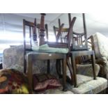 A PAIR OF OAK DINING CHAIRS, AN ANTQUE DINING CHAIR WITH DROP-IN SEAT, AN OAK OCCASIONAL TABLE AND A