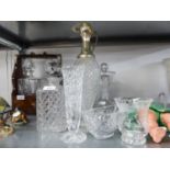 THREE VARIOUS CUT GLASS DECANTER AND A WAISTED CUT GLASS FLOWER VASE ETC.....