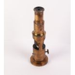 SIMPLE 19th CENTURY LACQUERED BRASS MONOCULAR MICROSCOPE, with specimen stage and swivelling