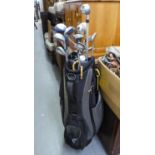 A PART SET OF GOLF CLUBS, TO INCLUDE; 'PETRON' CLUBS, ETC. AND A GOLF BAG
