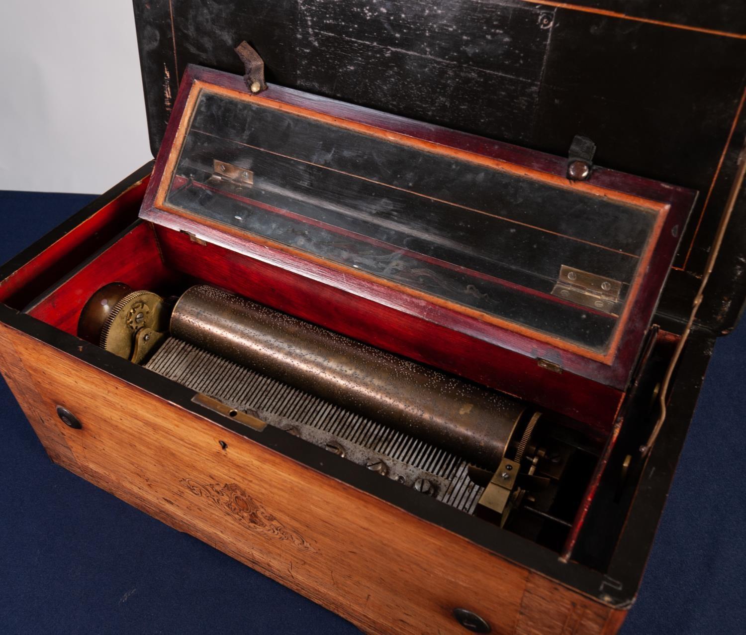 LATE NINETEENTH CENTURY SWISS INLAID ROSEWOOD CYLINDER MUSICAL BOX, of typical form, the ebonised - Image 2 of 4