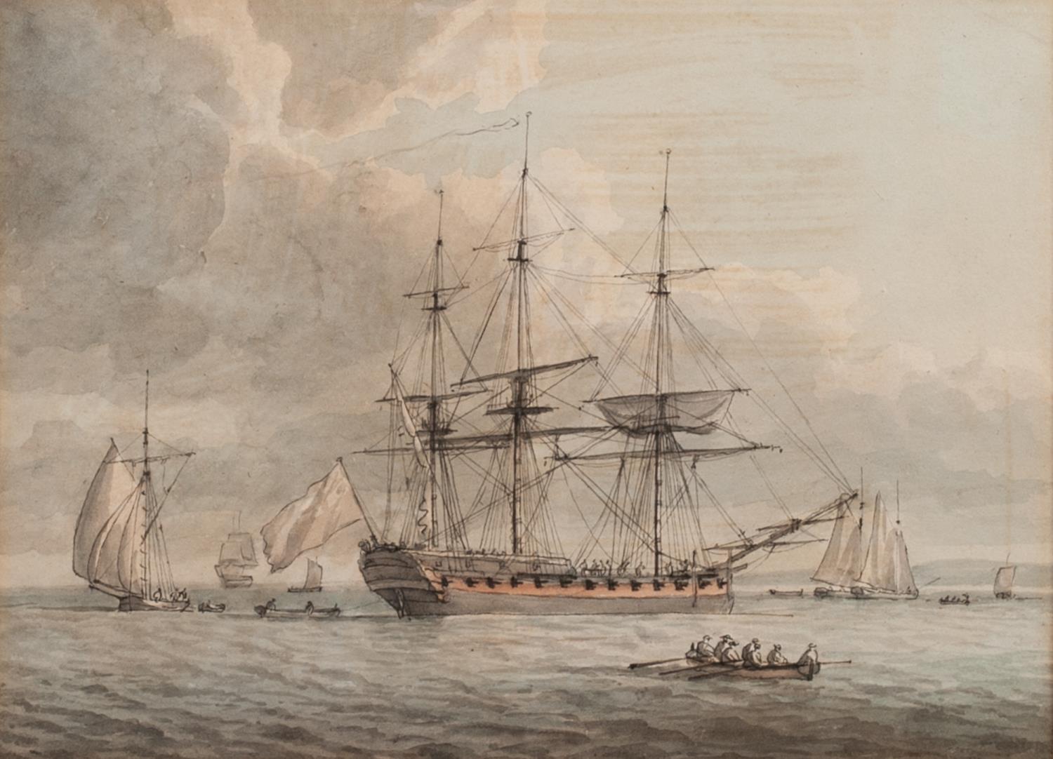 ATTRIBUTED TO WILLIAM ANDERSON (circa 1800) WATERCOLOUR DRAWING ?An English Frigate at Anchor with