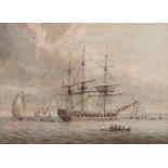 ATTRIBUTED TO WILLIAM ANDERSON (circa 1800) WATERCOLOUR DRAWING ?An English Frigate at Anchor with