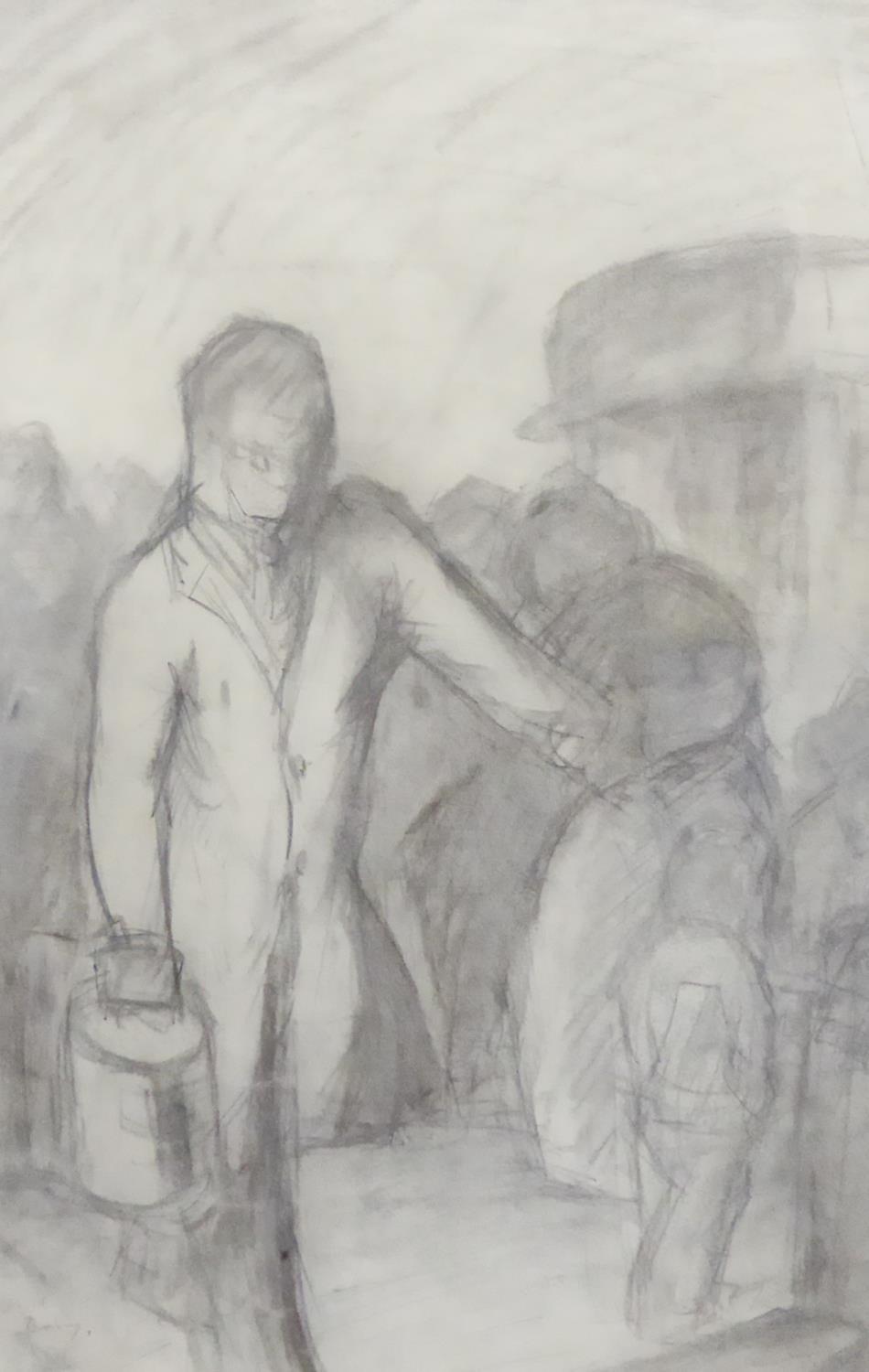 ASCRIBED DAVID BOMBERG PENCIL SKETCH busy street scene with figures signed 20" x 12 3/4" (50.8cm x