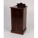 EDWARDIAN MAHOGANY BEDSIDE CABINET, the moulded oblong top with short back, set above a panelled