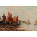 JAMES WEBB (LATE NINETEENTH/EARLY TWENTIETH CENTURY) OIL PAINTING ON BOARD, heightened Harbour scene