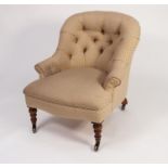 VICTORIAN ROSEWOOD TUB CHAIR, the deep buttoned back with downswept arms, above a bow fronted