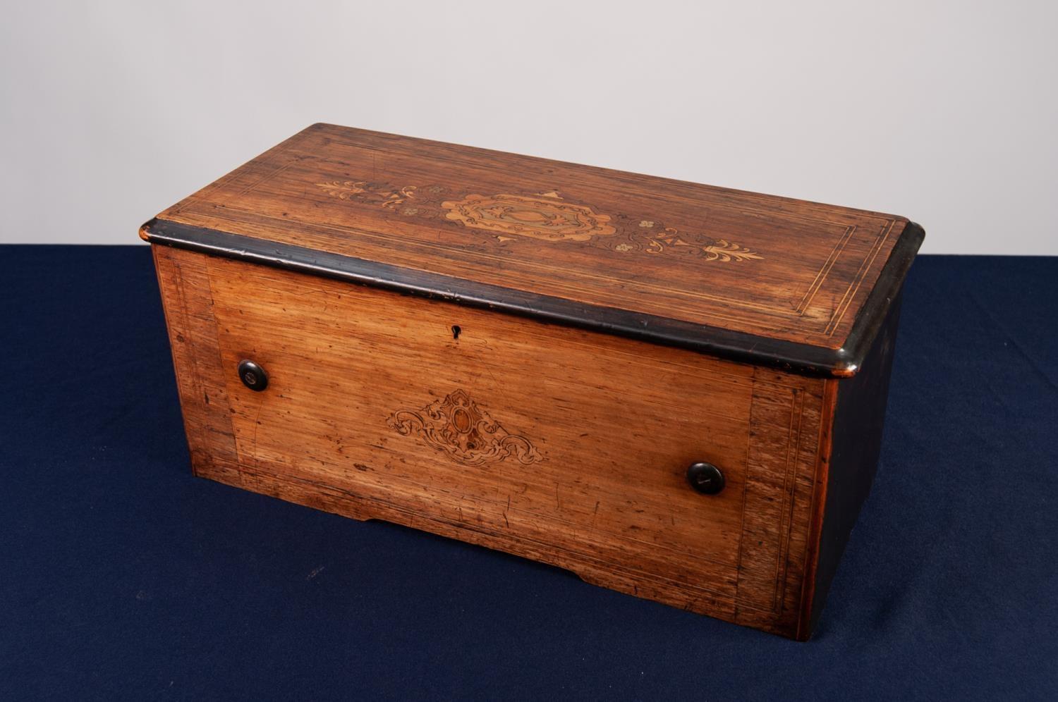 LATE NINETEENTH CENTURY SWISS INLAID ROSEWOOD CYLINDER MUSICAL BOX, of typical form, the ebonised - Image 4 of 4