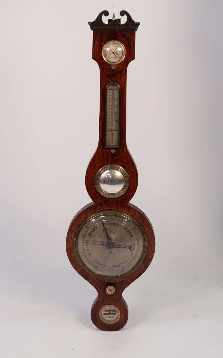 NINETEENTH CENTURY ROSEWOOD WHEEL BAROMETER, the 8? dial housed in case with a thermometer, convex