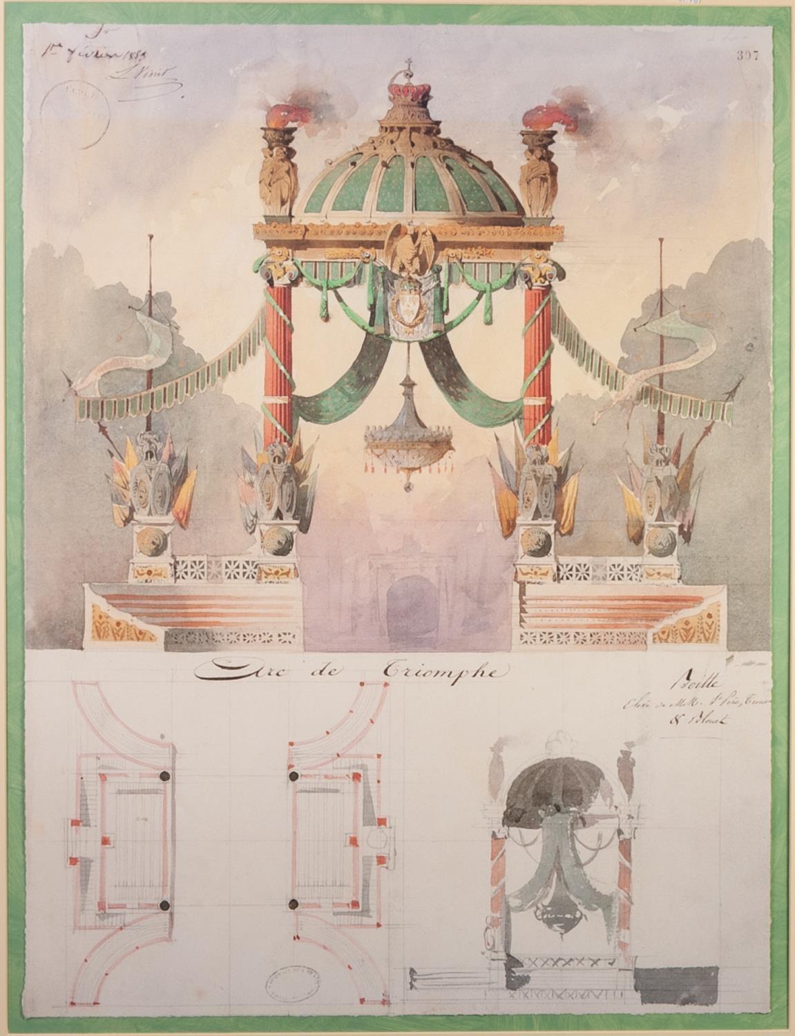 SUITE OF THREE MODERN COLOUR PRINTS OF FRENCH ARCHITECTURAL DESIGNS FOR AN EXHIBITION ?Arc de