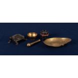 JAPANESE BRONZE MODEL OF A TORTOISE 4.25"(10.8) long. PERSIAN ENGRAVED BRASS MINIATURE PESTLE AND